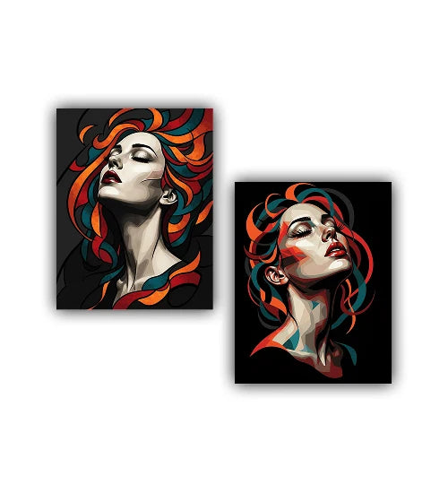 Dramatic face wall art canvas pair with expressive illustration style