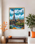 Framed artwork of the Eiffel Tower in Paris on a wall with decorative plants and furniture.