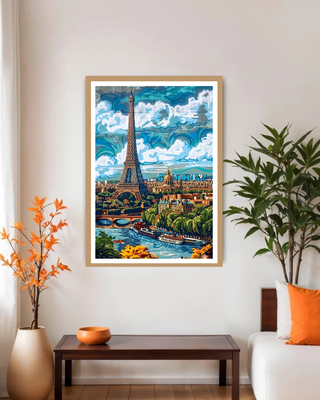 Eiffel Tower wall art canvas displayed in modern living room