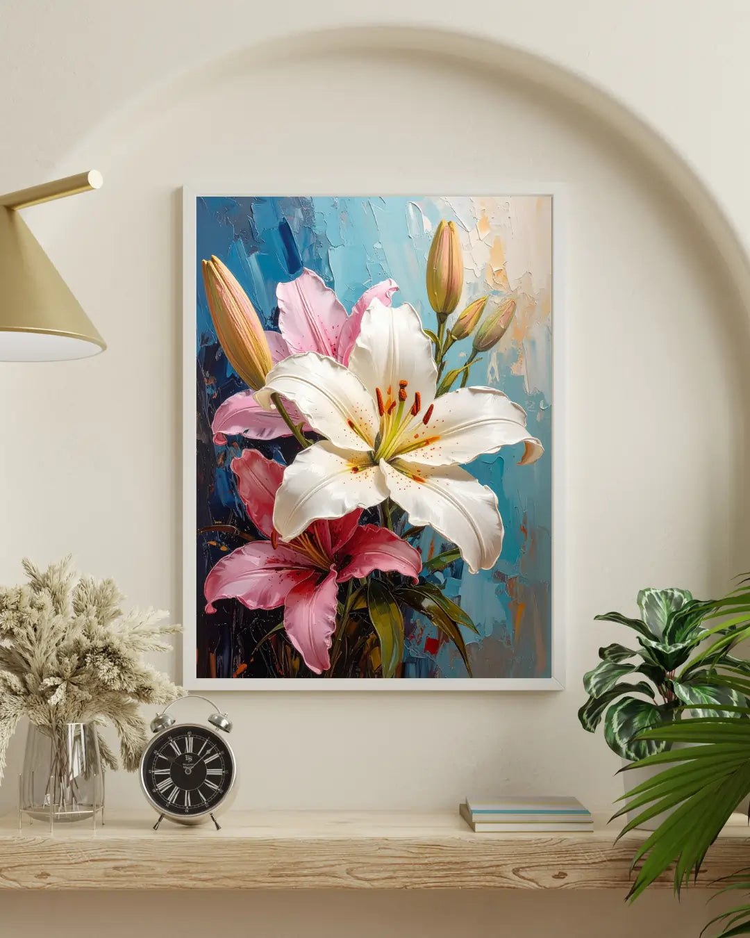Elegant floral wall art canvas placed inside an arch wall in a modern home interior
