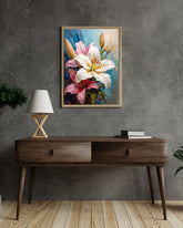 Elegant floral wall art canvas displayed above a wooden console table on a grey wall
