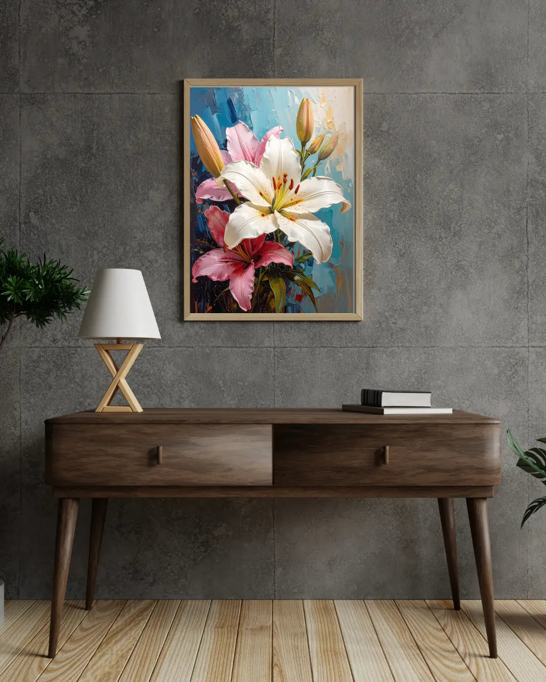 Elegant floral wall art canvas displayed above a wooden console table on a grey wall
