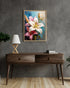 Elegant floral wall art canvas displayed above a wooden console table on a grey wall
