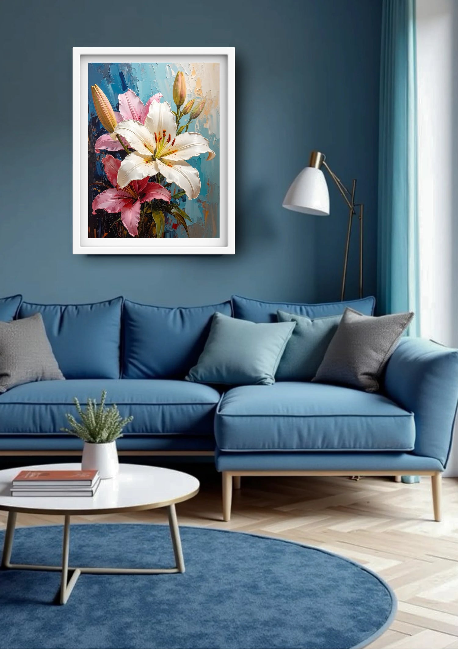 Modern living room decorated with elegant floral wall art canvas above sofa
