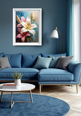 Modern living room decorated with elegant floral wall art canvas above sofa
