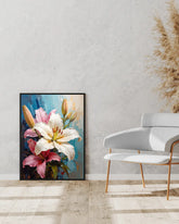 Elegant floral wall art canvas displayed in a minimalist interior with chair and decor
