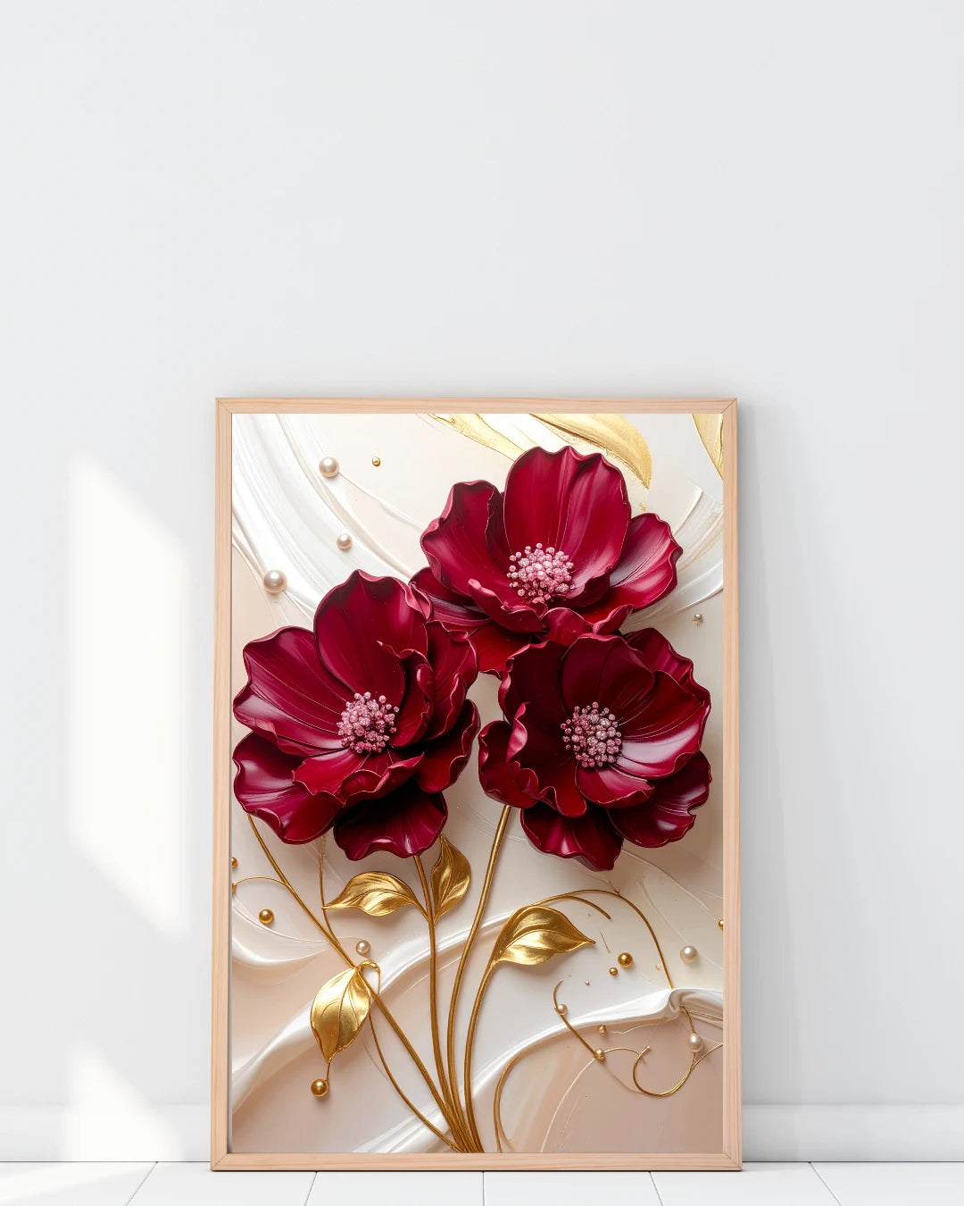 Elegant red floral canvas wall art with gold leaf design
