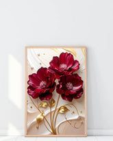 Elegant red floral canvas wall art with gold leaf design
