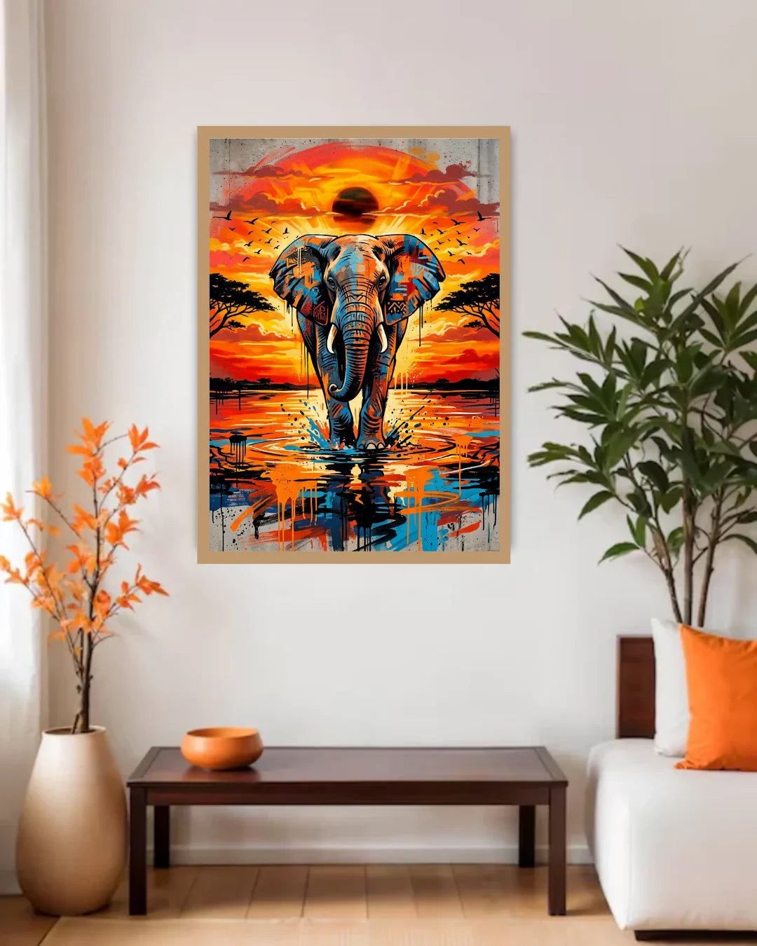 Colorful elephant painting on a wall in a living room setting with plants and a coffee table.