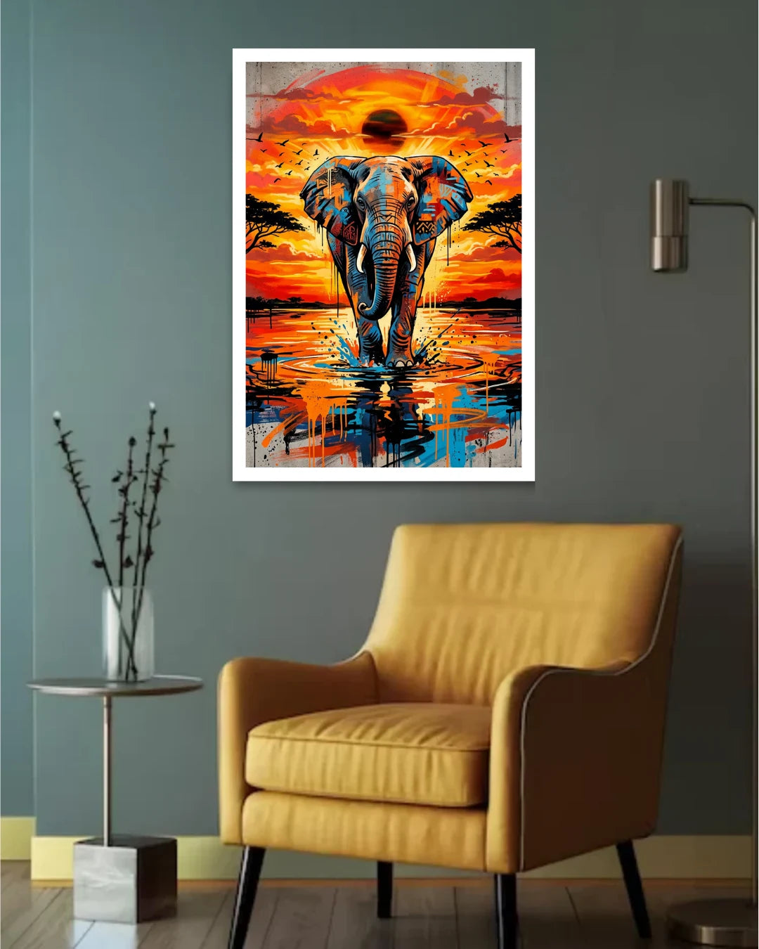 Colorful elephant painting on a wall above a yellow armchair.