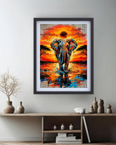 elephant sunset canvas artwork displayed in cozy living room