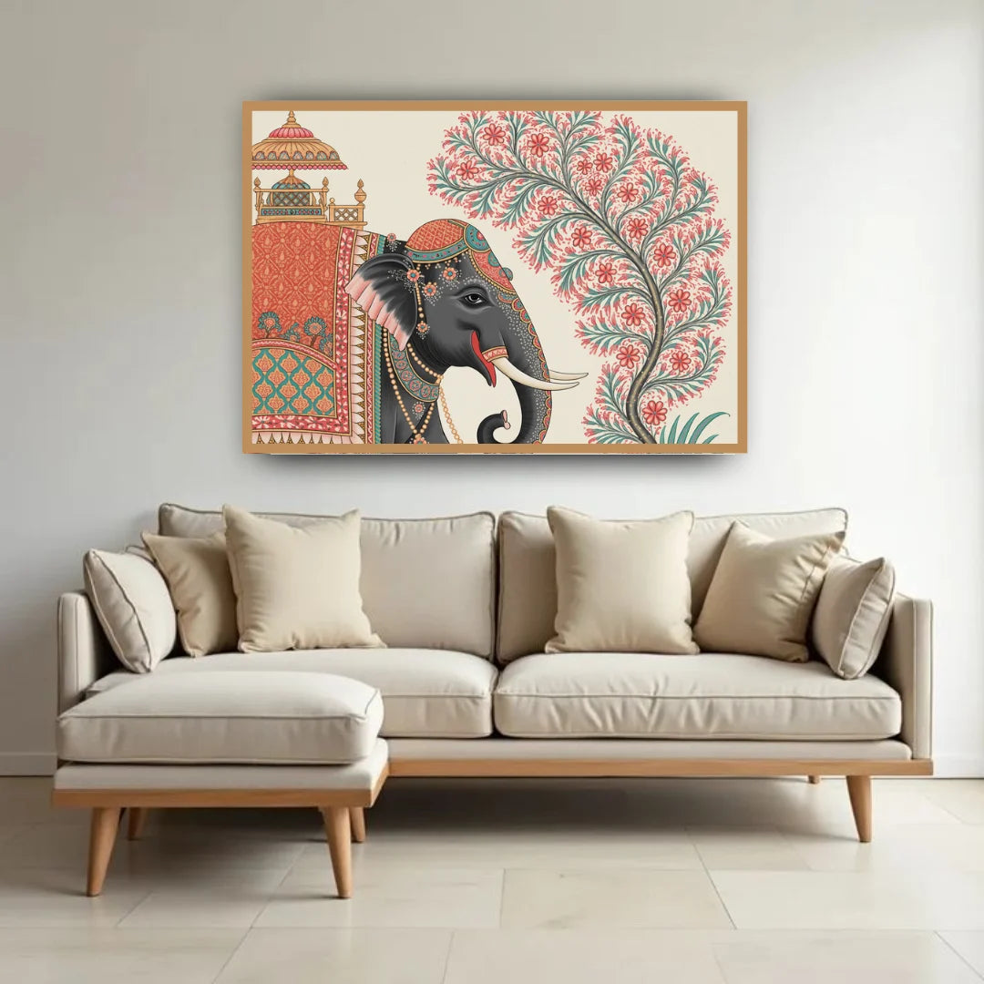 Elephant canvas painting for home wall decor, traditional Indian art