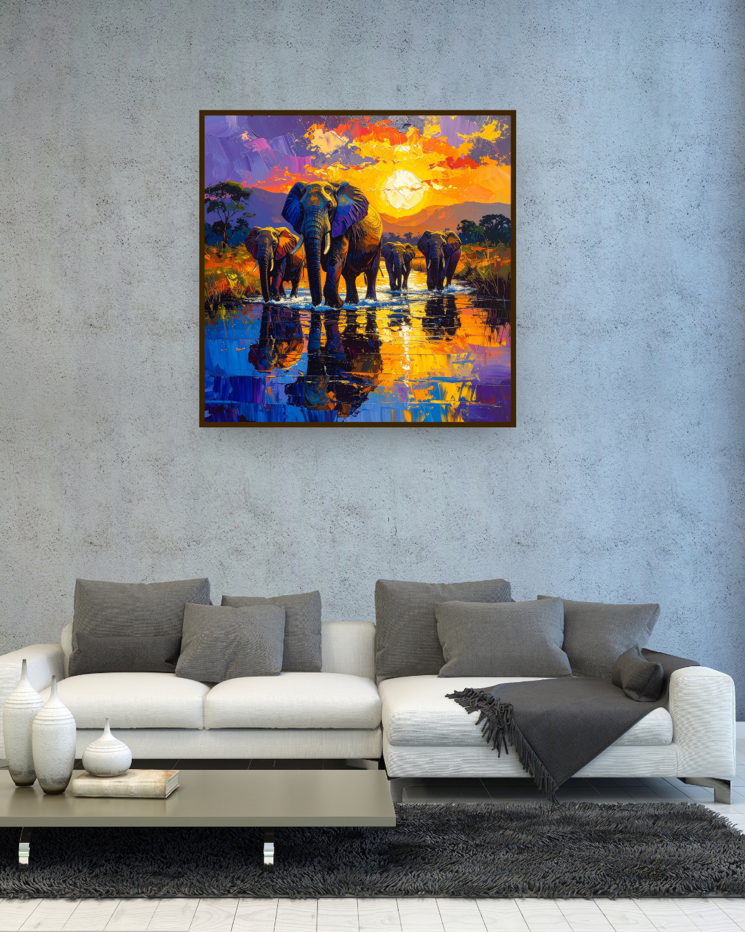Elephant canvas painting for living room wall decor with sunset background
