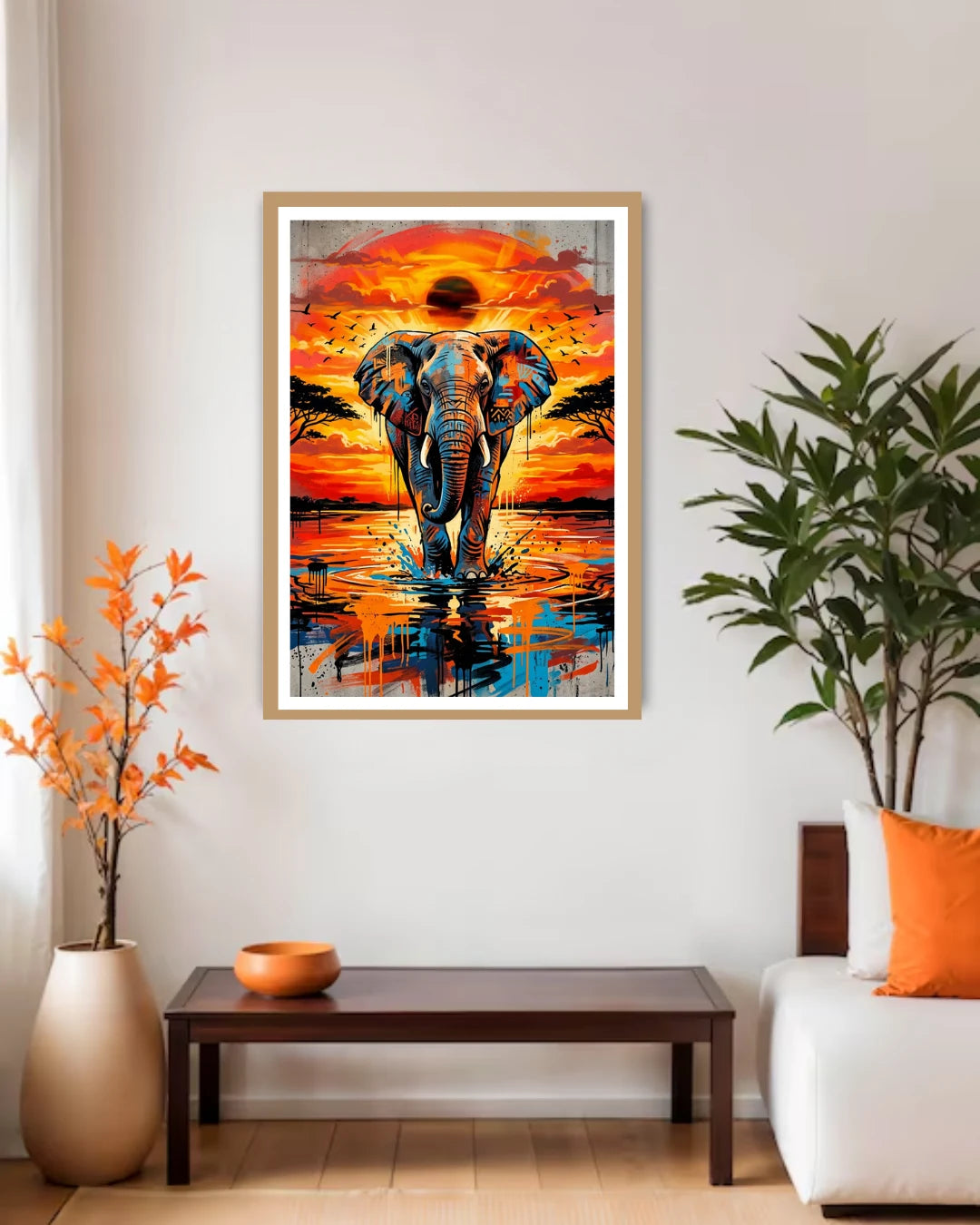 elephant sunset wall art canvas displayed in modern living room