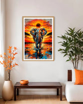 elephant sunset wall art canvas displayed in modern living room