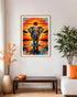 elephant sunset wall art canvas displayed in modern living room