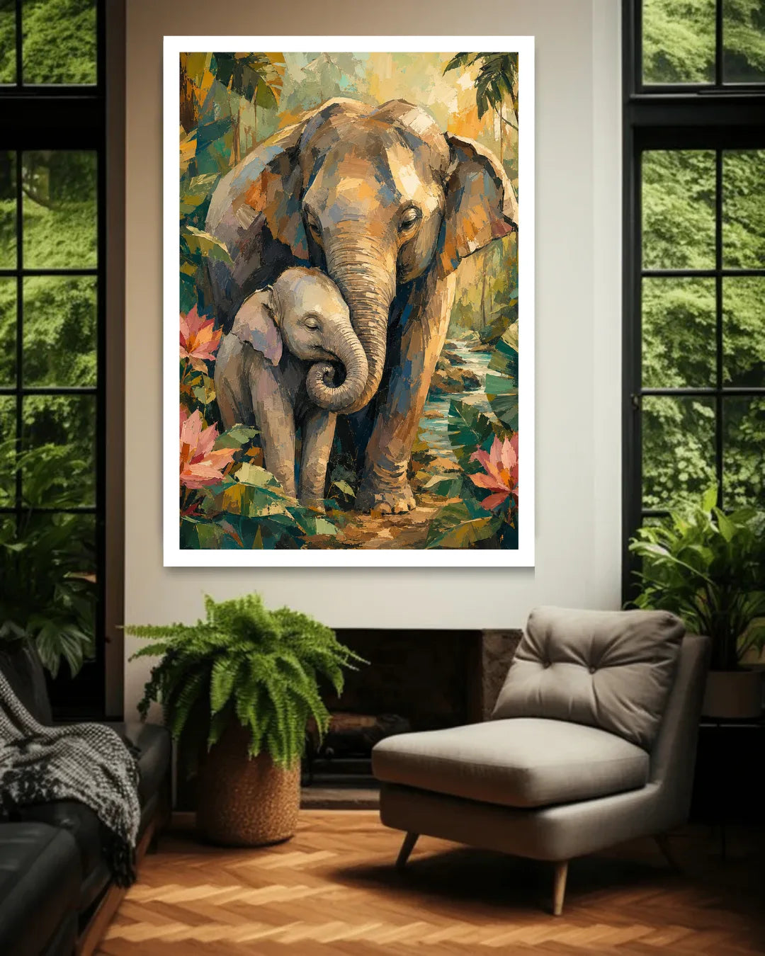 Framed painting of two elephants in a forest scene above a modern living room setup.