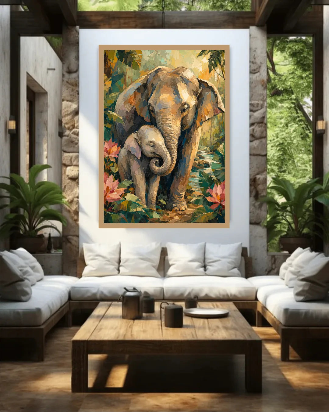 Living room with a large painting of two elephants on a wall above a sofa.