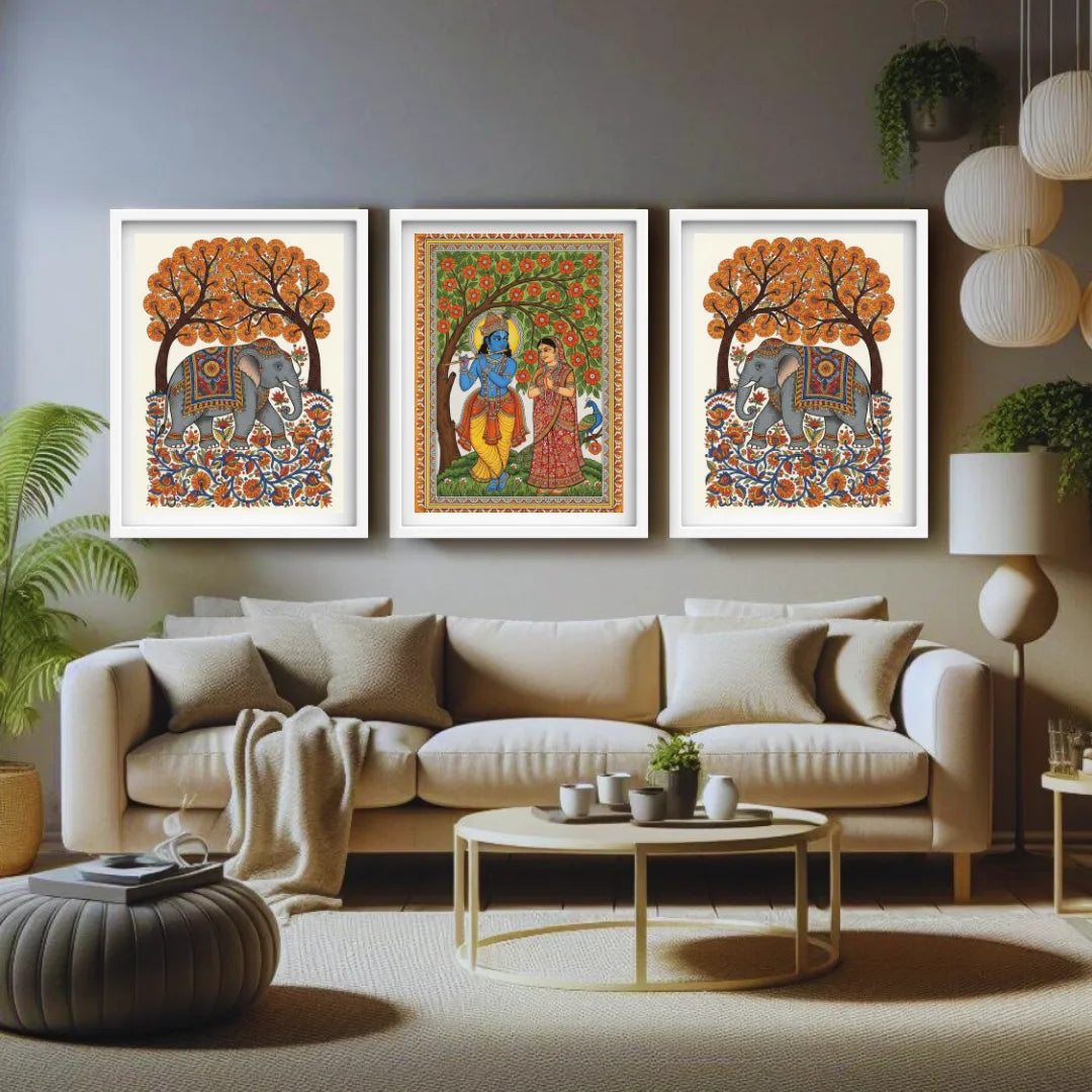 Decorative elephant and floral artwork on a wall above a beige sofa in a living room.