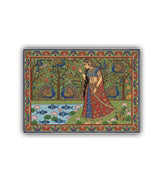 Decorative painting of a woman in traditional attire with peacocks and floral elements on a white background