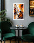 European café street wall art canvas displayed in dining area setup