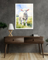 Cute Baby Lamb Canvas Wall Art Displayed Above Wooden Desk