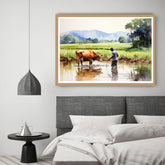 Framed painting of a farmer and cow in a field above a bed in a bedroom.