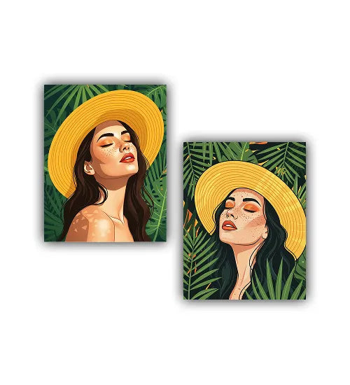 Female portrait wall art canvas set with modern abstract design