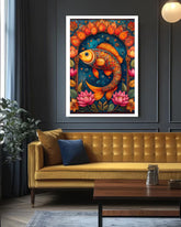 vibrant abstract fish wall painting above orange sofa in stylish room