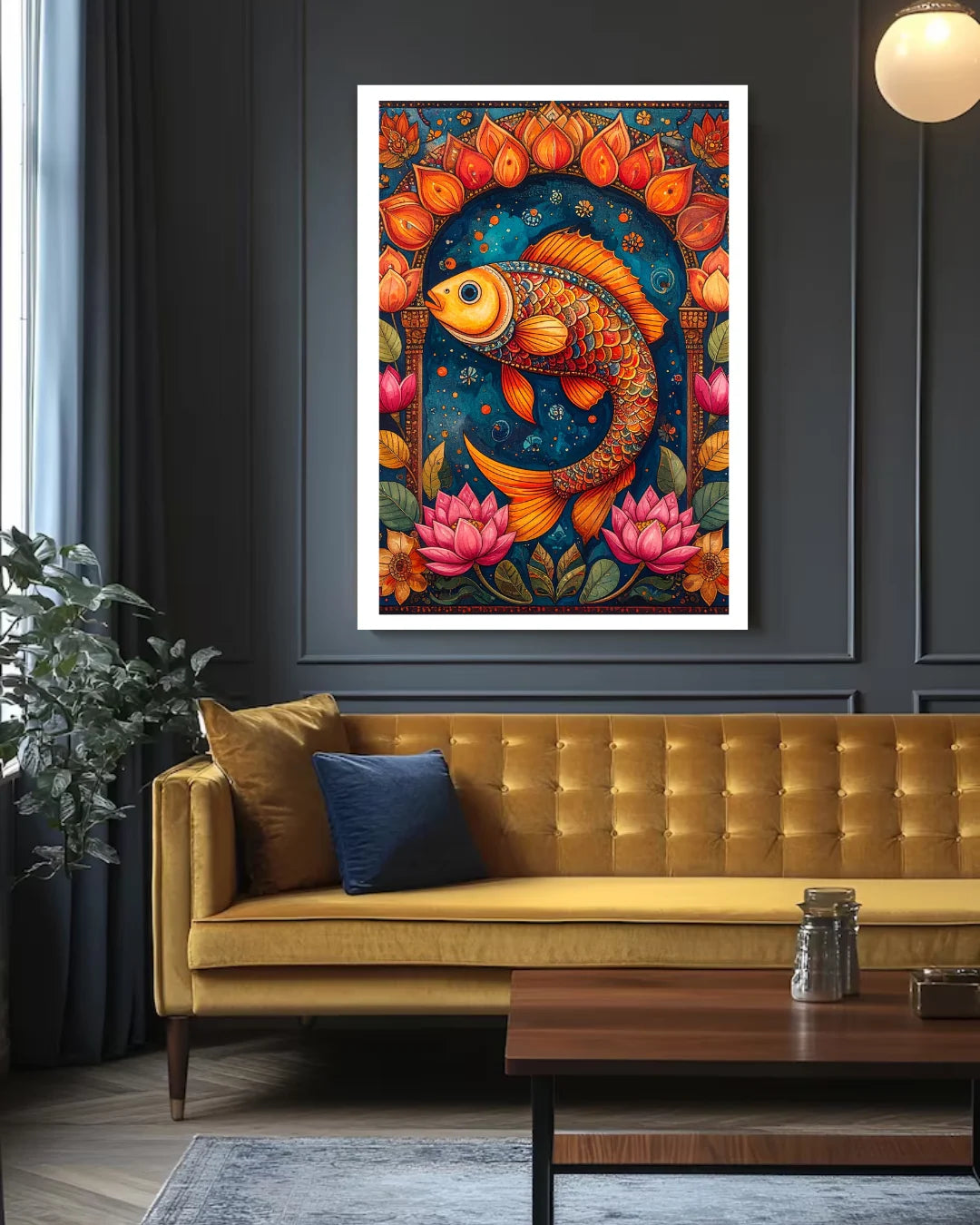 vibrant abstract fish wall painting above orange sofa in stylish room