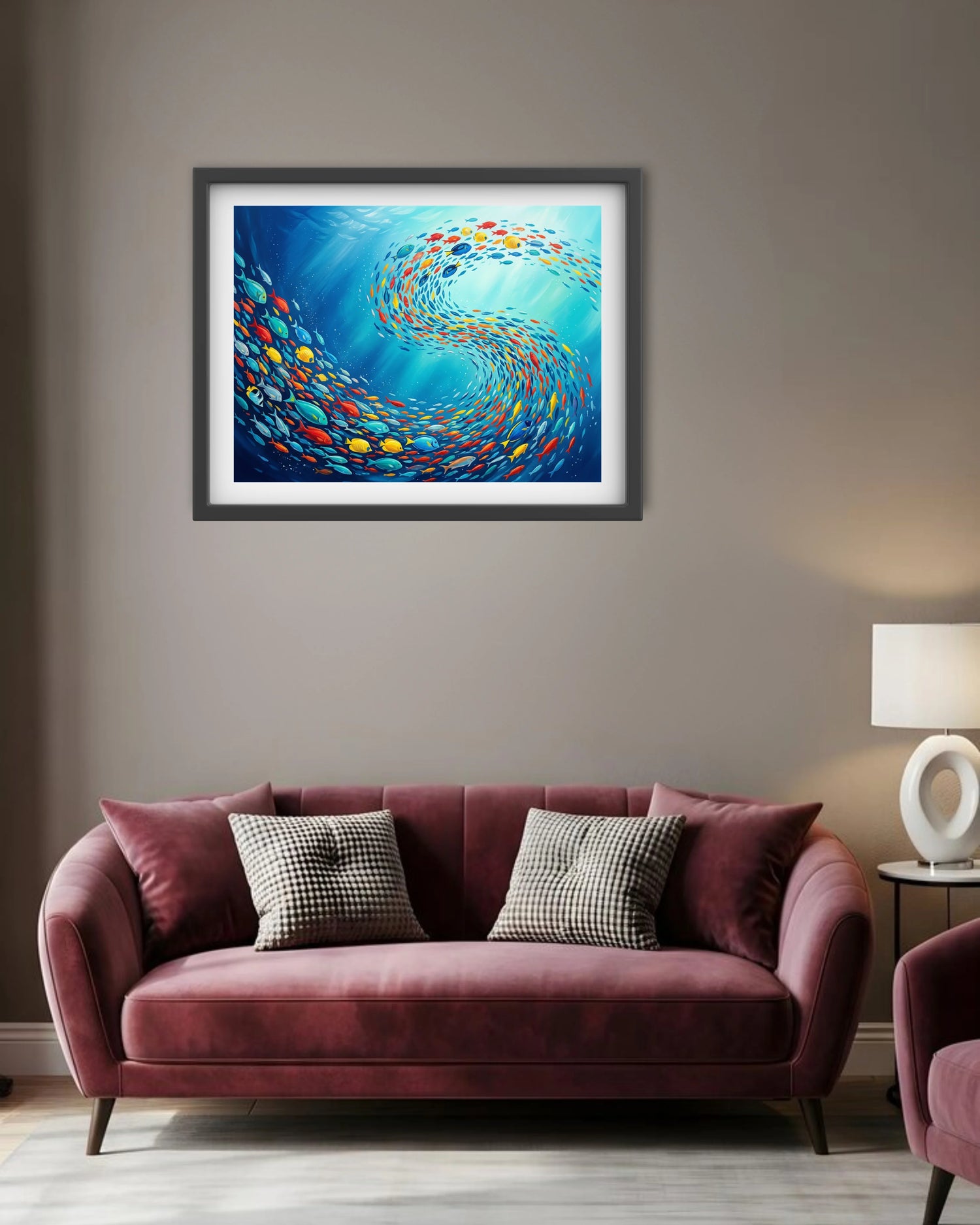 fish swirl wall painting placed in bedroom with aesthetic interior