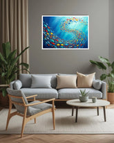 colorful fish swirl wall art displayed above sofa in modern living room