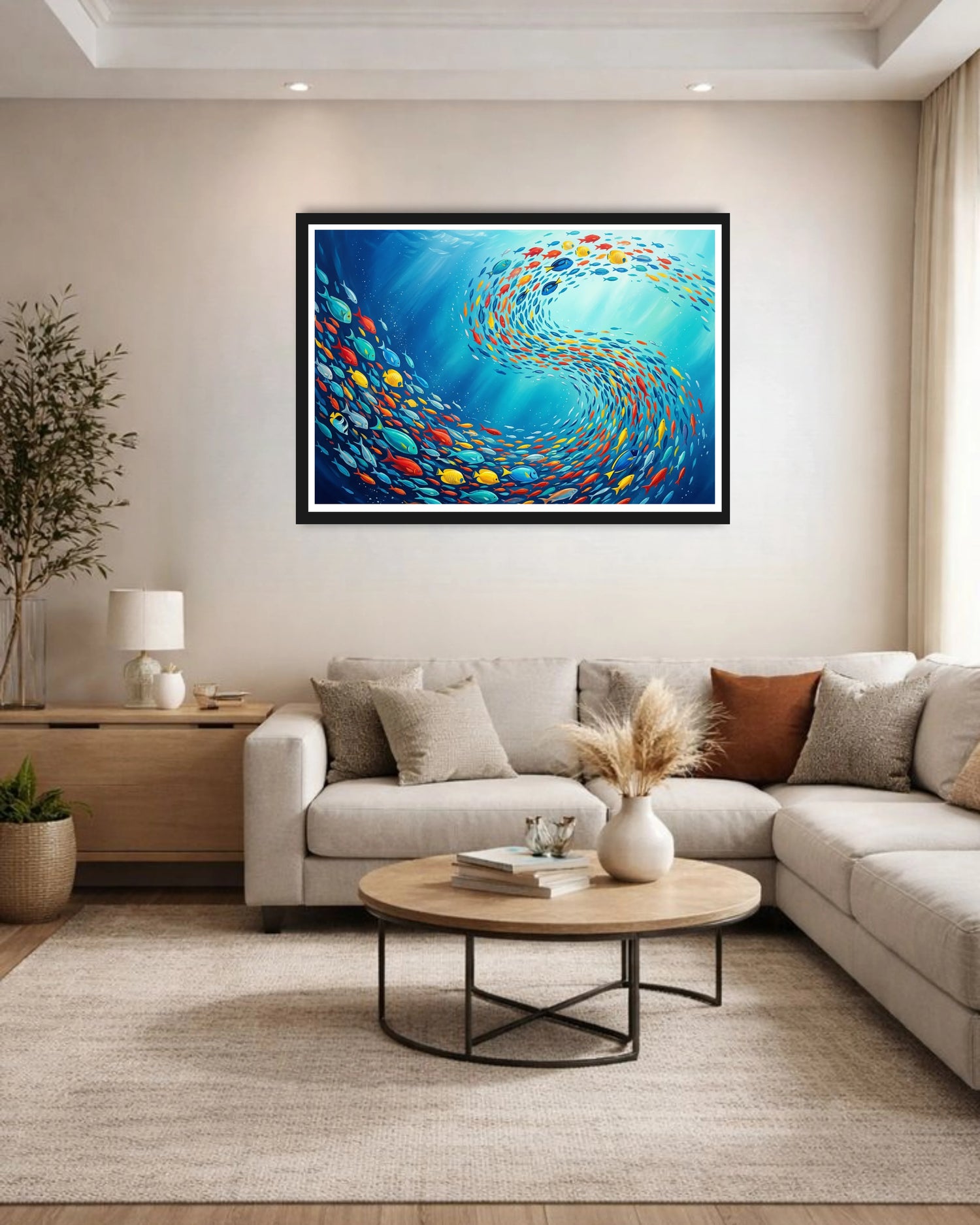 colorful fish artwork displayed in modern home decor with sofa setup