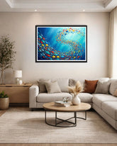 colorful fish artwork displayed in modern home decor with sofa setup