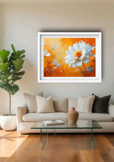 Floral canvas wall art with orange daisies for minimal home decor
