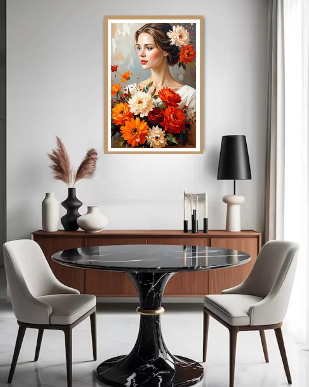 floral portrait wall art canvas in modern dining room
