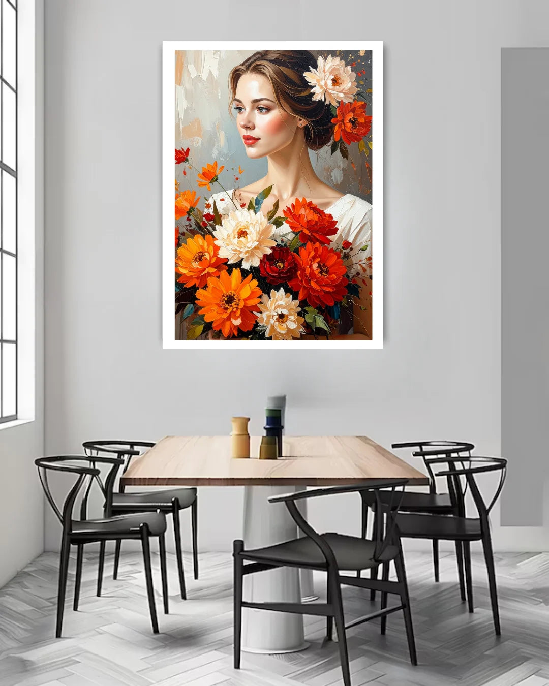 woman floral wall art canvas in cafe interior decor