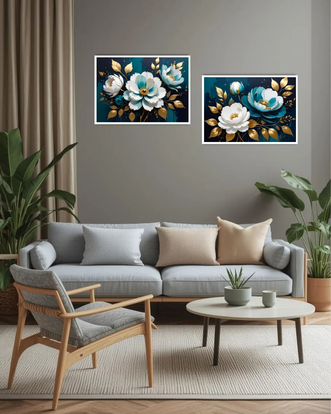 elegant blue floral wall art canvas in modern living room decor