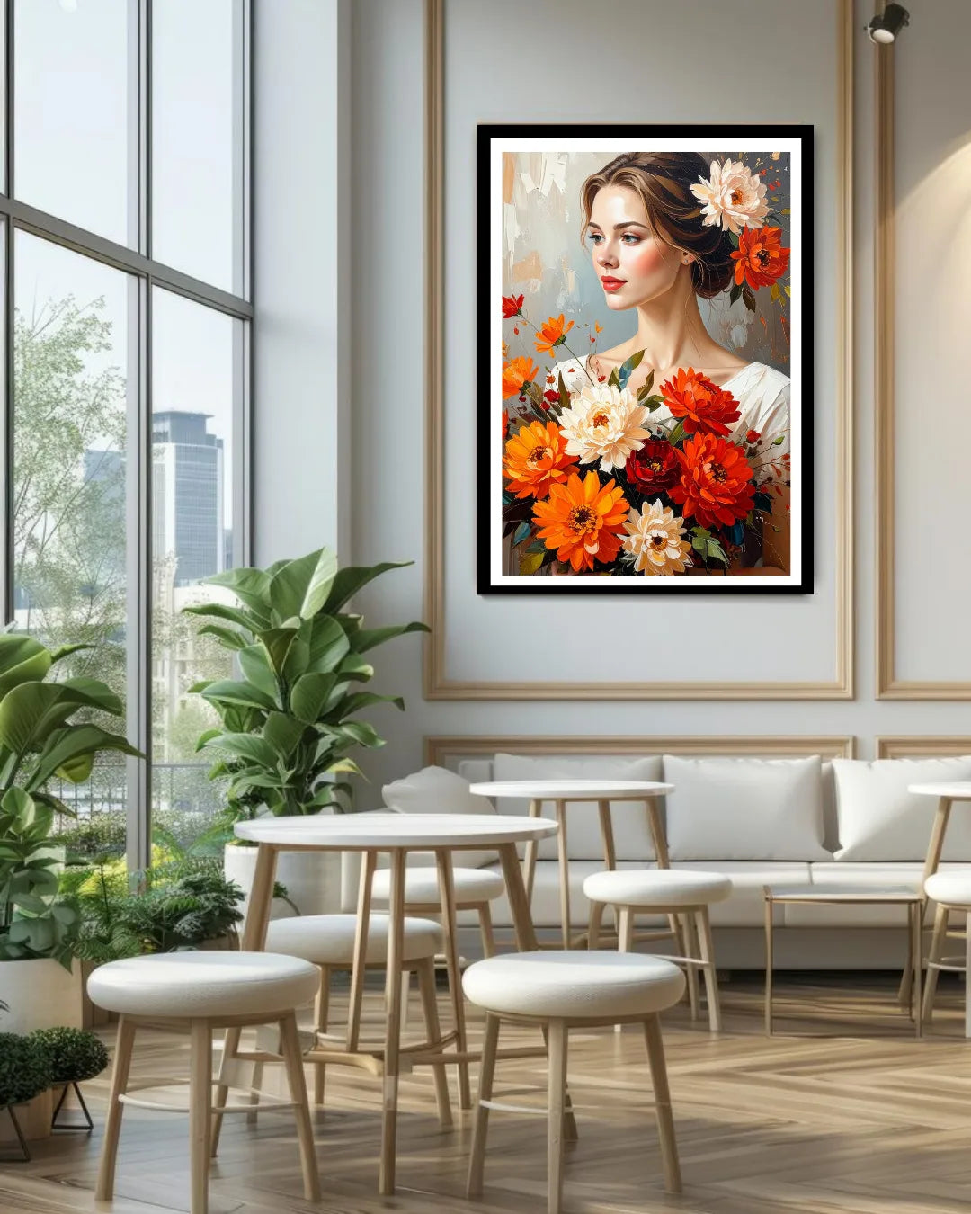 floral woman wall art canvas in modern living room decor