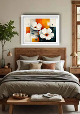 Bedroom with a wooden headboard, floral artwork on the wall, and a plant.