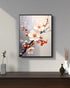 Framed artwork of floral branch with white flowers and red berries on a gray wall.