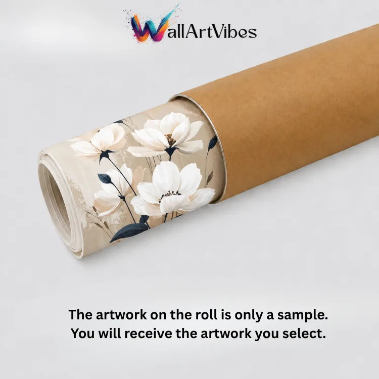 A rolled sheet of wallpaper or wall art sample shown diagonally on a light gray background, with a floral print visible on the unrolled section. The print features large white flowers with dark blue-gray leaves on a warm beige base.