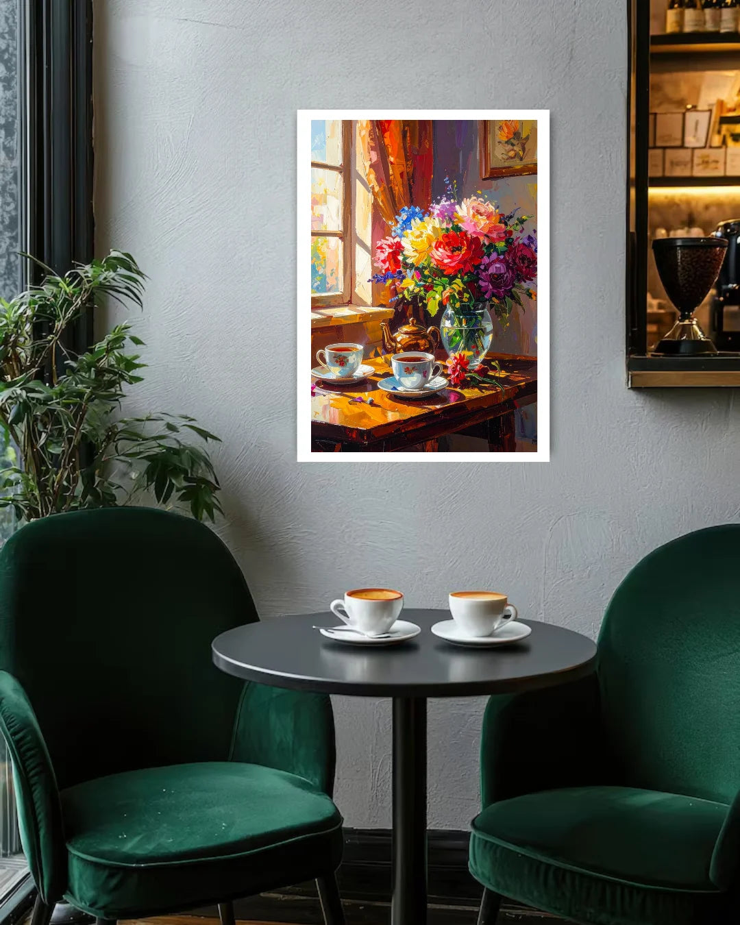 flower vase wall art canvas in cafe interior decor
