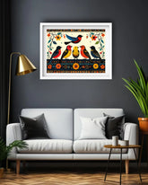 indian folk bird wall art placed in bedroom with aesthetic interior