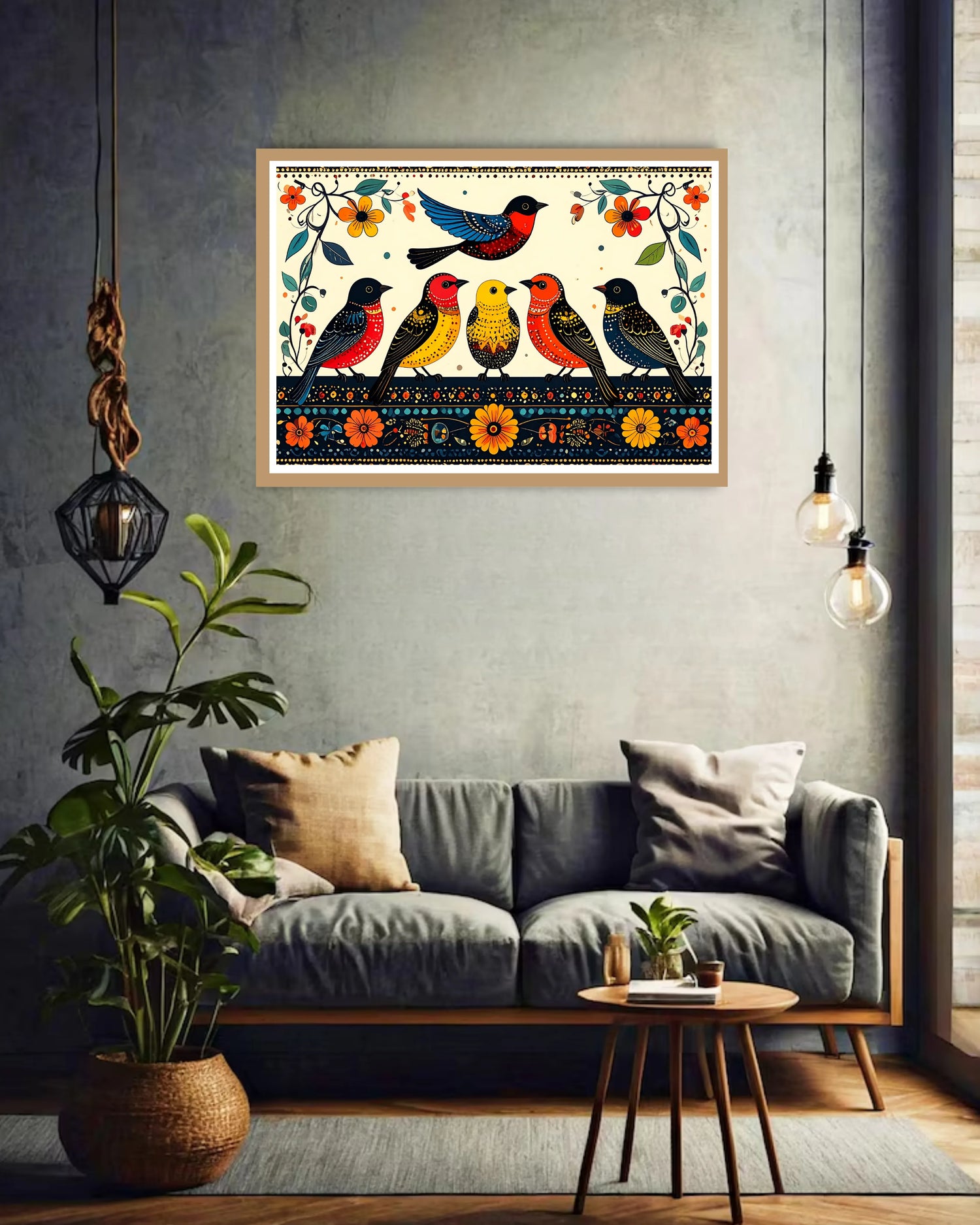 colorful folk bird wall art displayed above sofa in modern living room