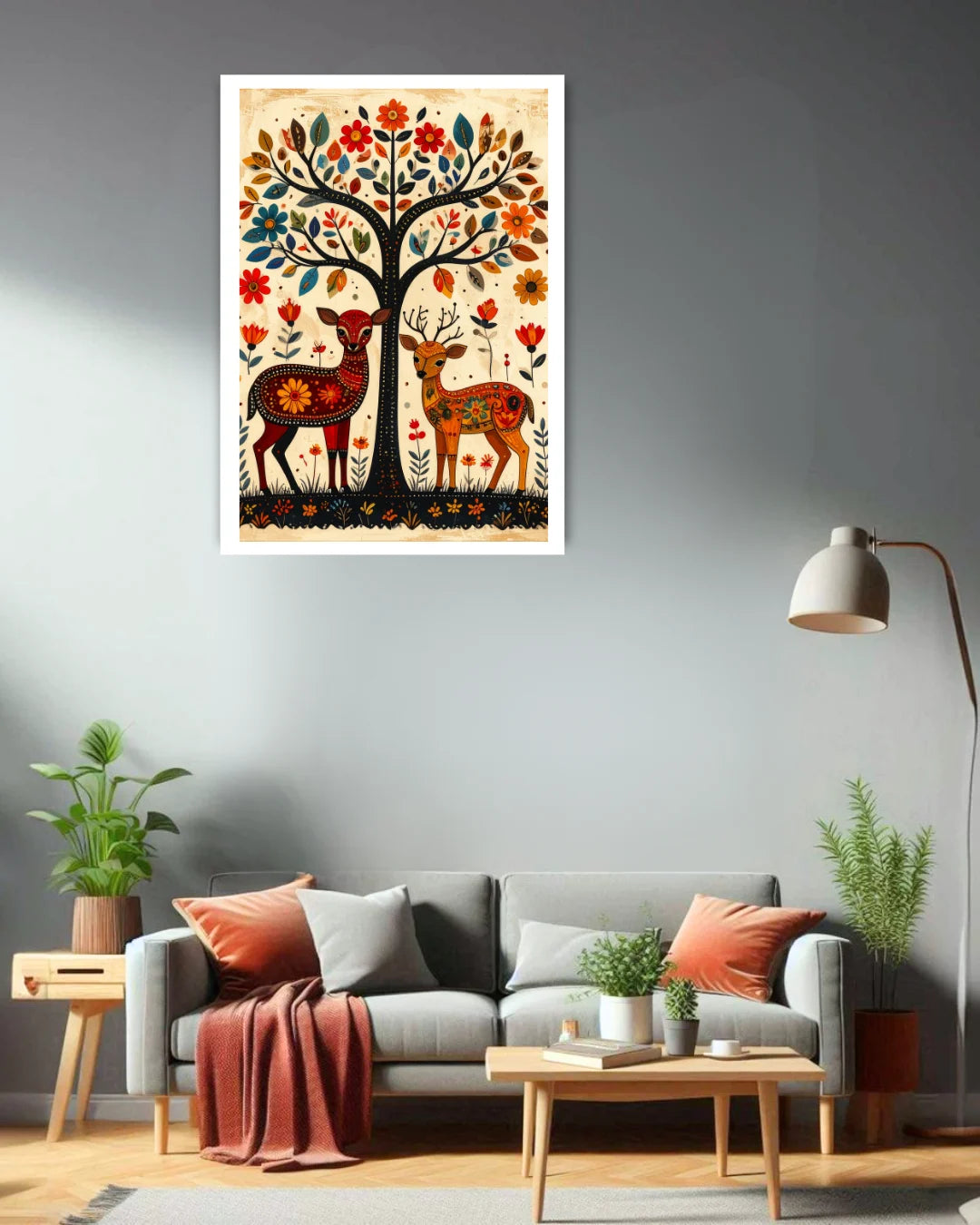 tree of life deer artwork displayed above sofa in modern interior
