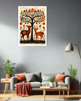 tree of life deer artwork displayed above sofa in modern interior