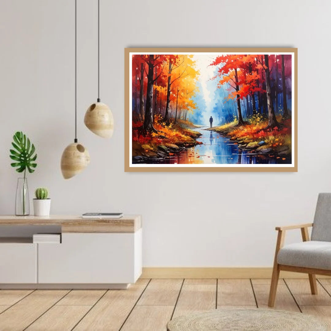 Framed painting of a forest scene with autumn colors in a modern living room.