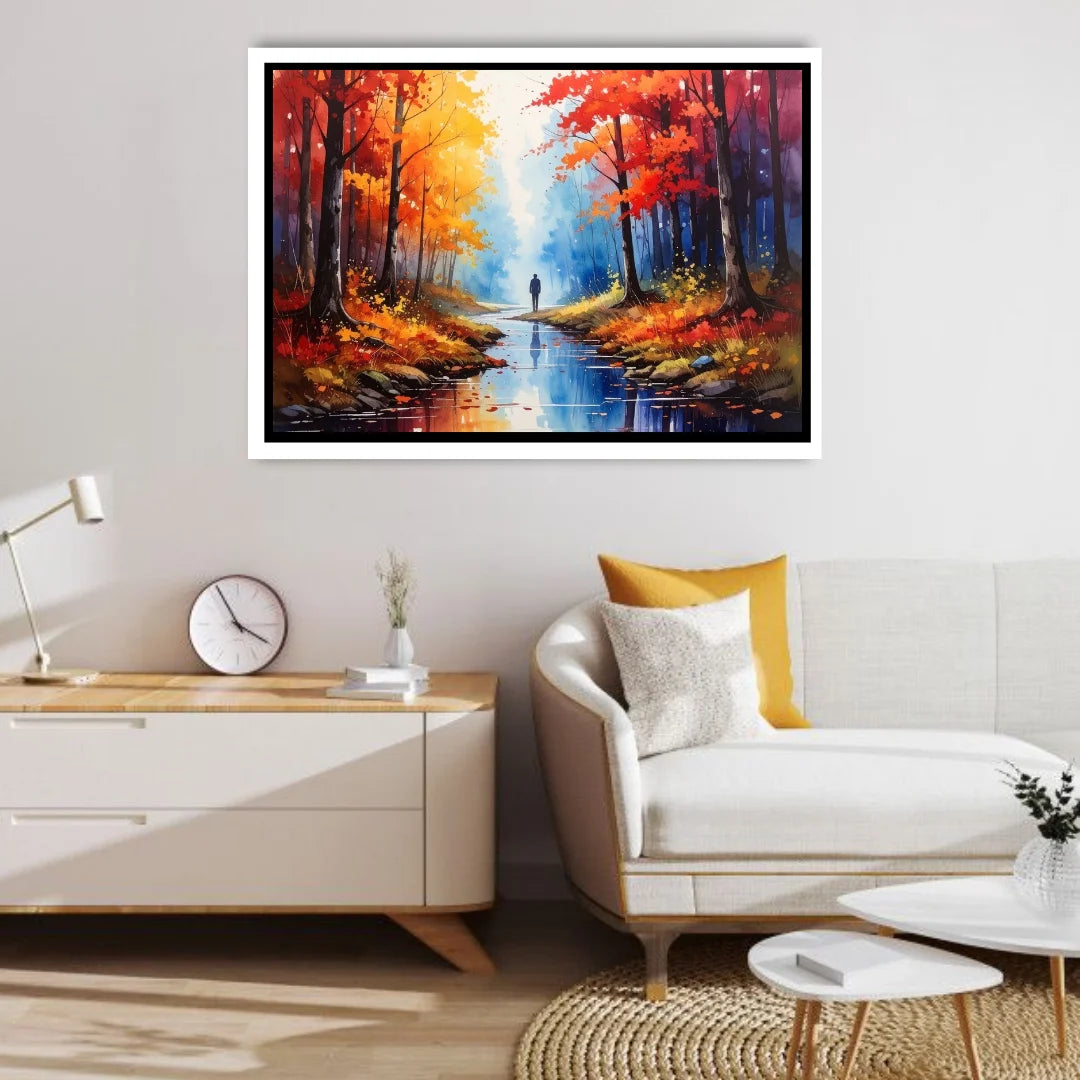 Framed painting of a forest scene in a living room setting