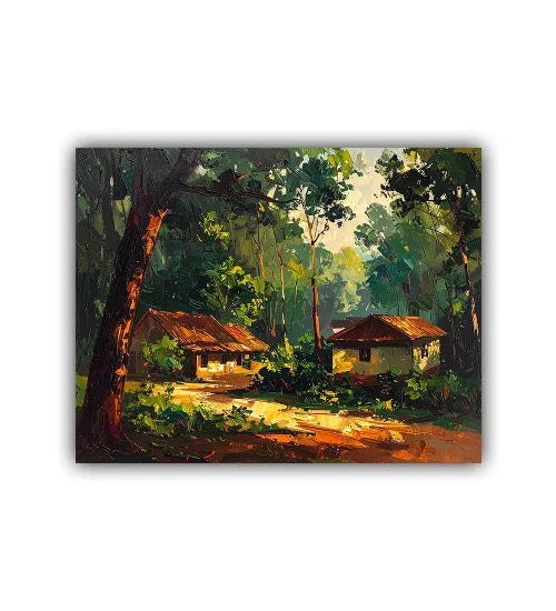 Painting of two huts in a forest setting with trees and foliage.